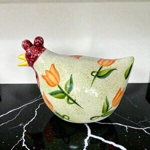 CBK LTD 1999 Handpainted‎ Ceramic Chicken Figurine Tulips Green Farmhouse Decor